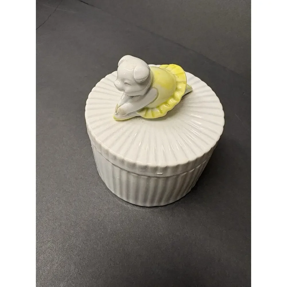 Fitz and Floyd Round Ceramic Trinket Box, White/Yellow, Removable Lid